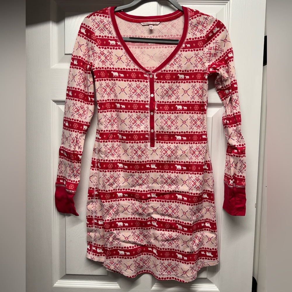 NWOT Victoria's Secret Henley Thermal Nightgown in Red and White, Size: S